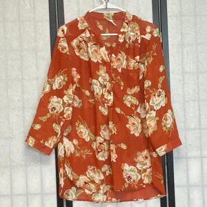 Live 4 Truth Rust Sheer Hi-Low Tunic Blouse Tab ¾ Sleeve Collarless Button Front